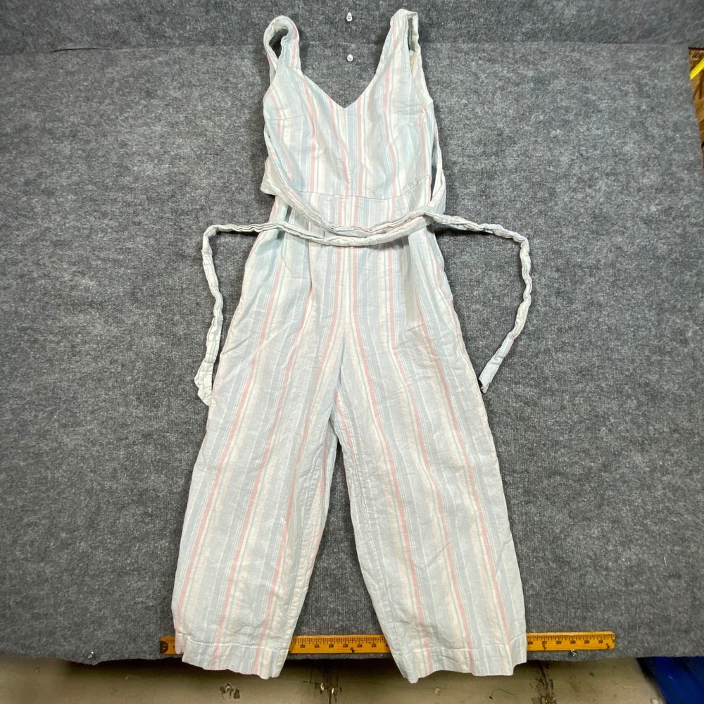 Hope & Henry Womens Blue Pink Striped Wide Leg Tie Waist Jumpsuit Size 8